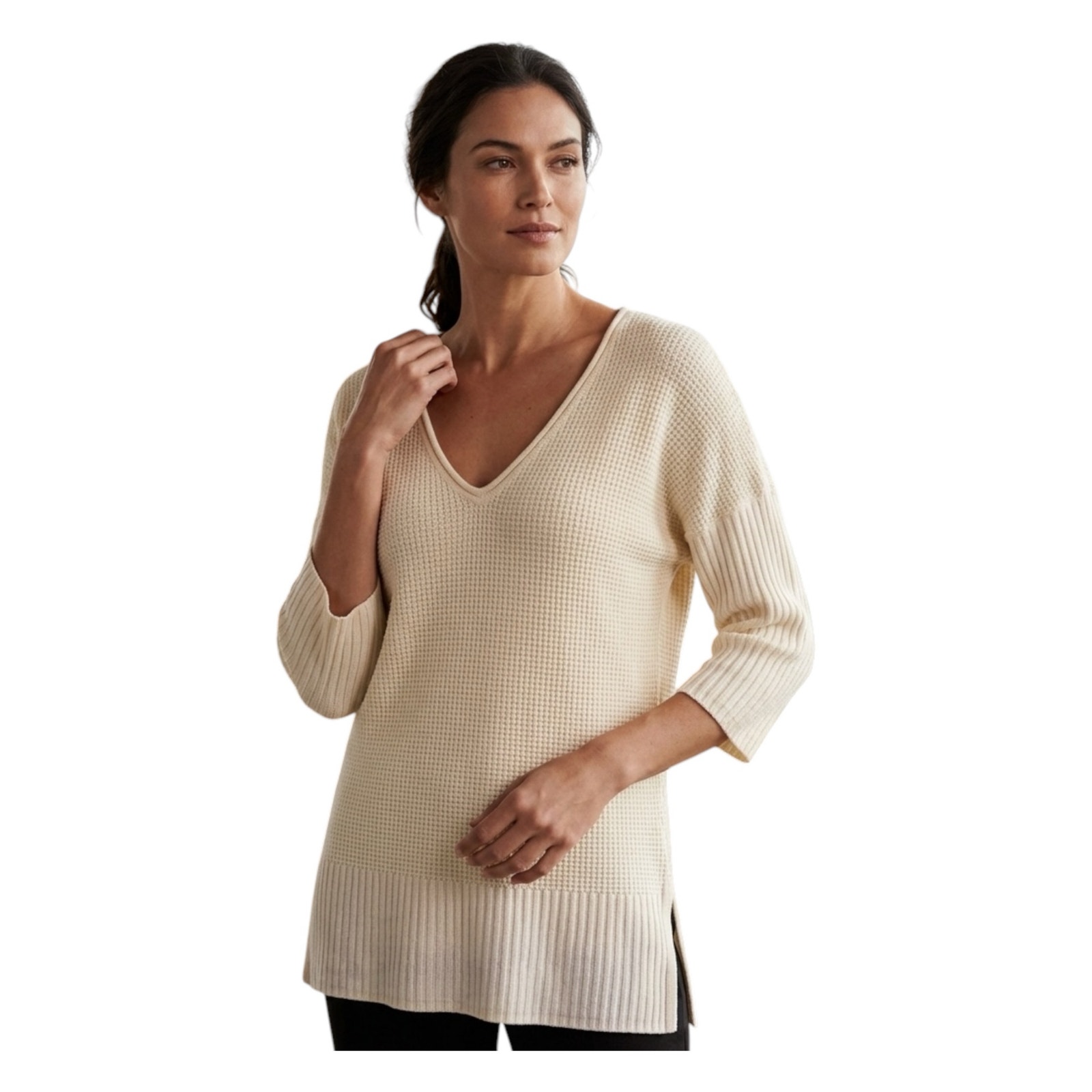 St. John Luxury V-Neck Tunic Waffle Knit Wool 1/2 Sleeve Sweater Cream Large